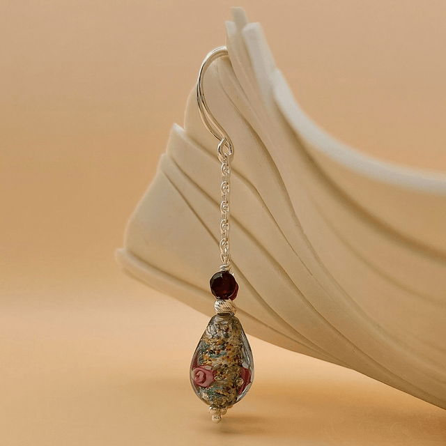 Preciosa blue floral glass bead sterling silver drop earrings with agate and sterling silver beads  