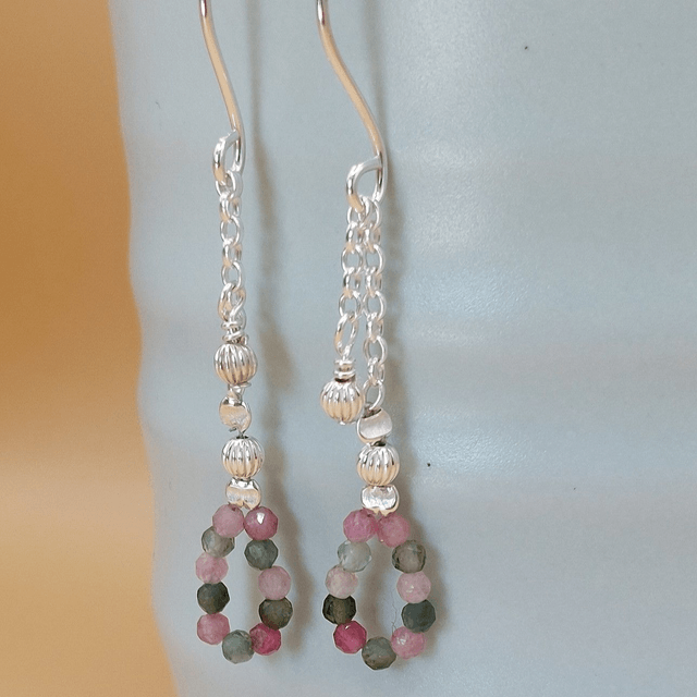 Teardrop sterling silver beaded drop earrings with tourmaline gemstone beads