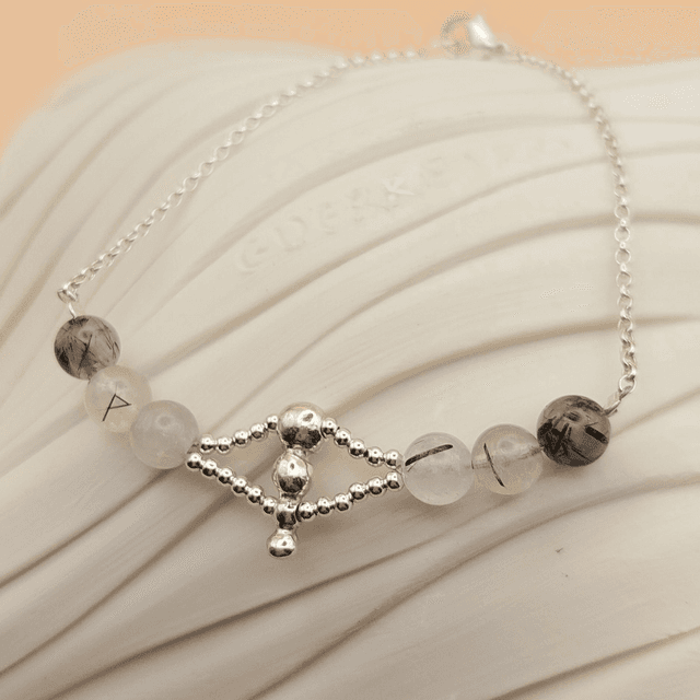 Sterling silver 3 ball silver accent with tourmalinated quartz bracelet