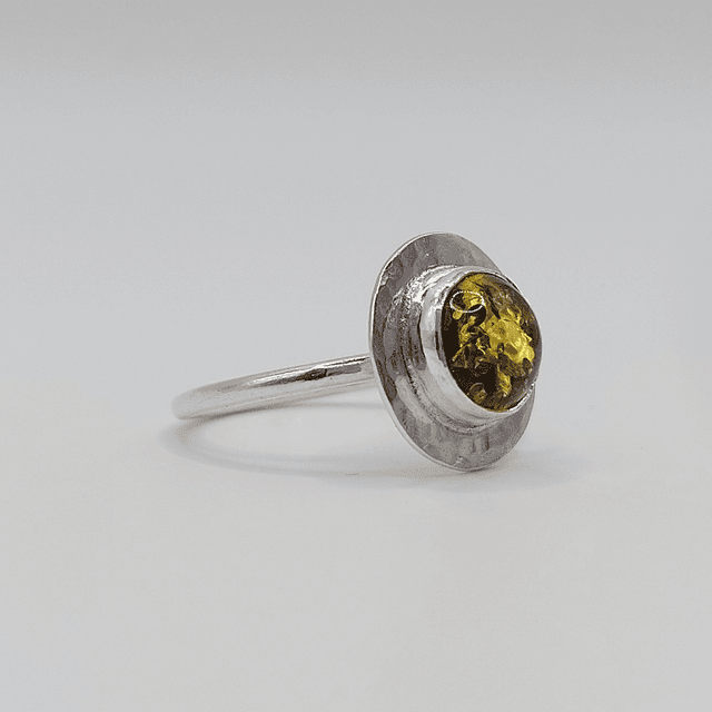 Sterling silver disc ring with green amber gemstone
