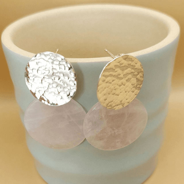 Sterling silver hammered disc and rose quartz earrings