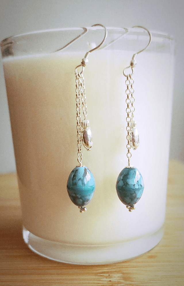 Preciosa blue glass bead sterling silver drop earrings   