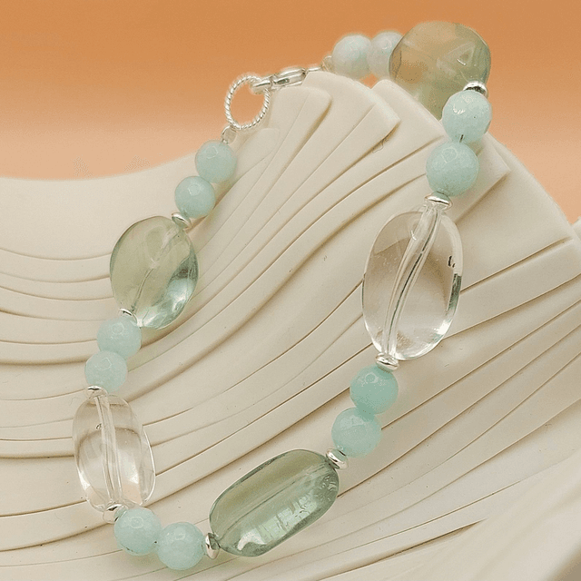 Green and clear bracelet with quartz, jade and sterling silver beads 