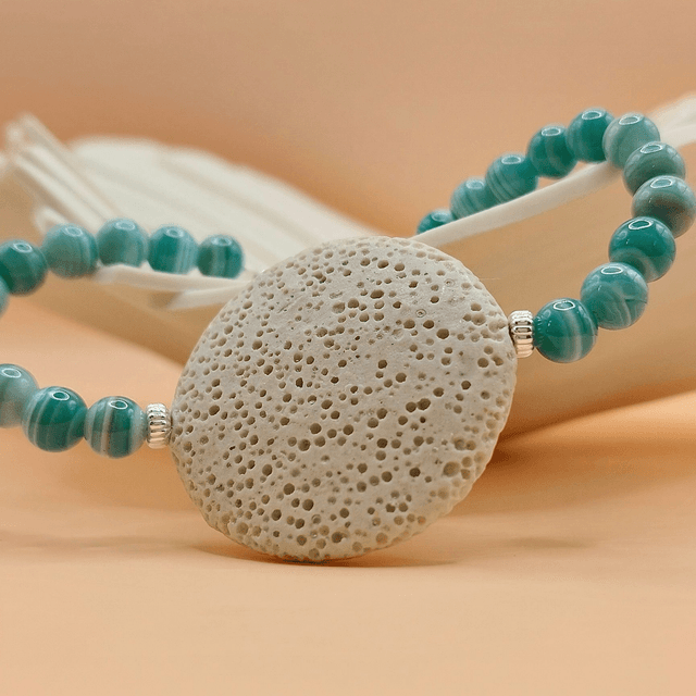 Lava (cream), striped agate and sterling silver beaded bracelet 