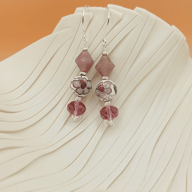Vintage purple glass and white floral enamel beads sterling silver drop earrings 