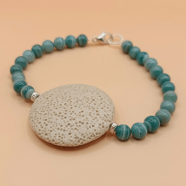 Lava (cream), striped agate and sterling silver beaded bracelet