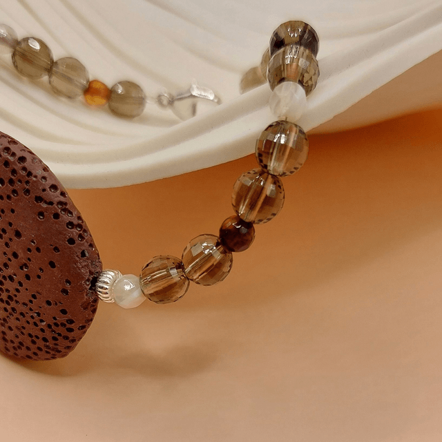 Lava (brown), smoky quartz, agate and sterling silver beaded bracelet