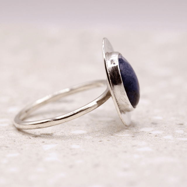Sterling silver hammered oval disc ring with sodalite gemstone (size N)