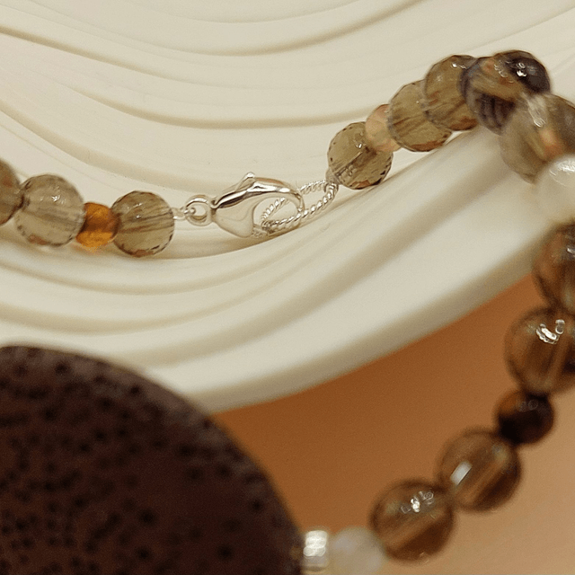 Lava (brown), smoky quartz, agate and sterling silver beaded bracelet