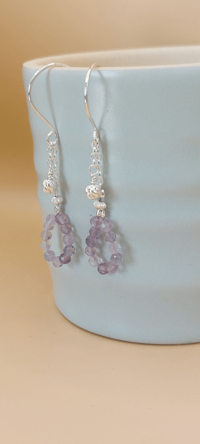 Teardrop sterling silver beaded drop earrings with fluorite gemstone beads