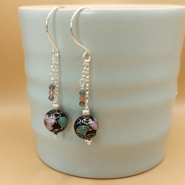 sterling silver earrings with tourmaline and vintage black enamel floral beads