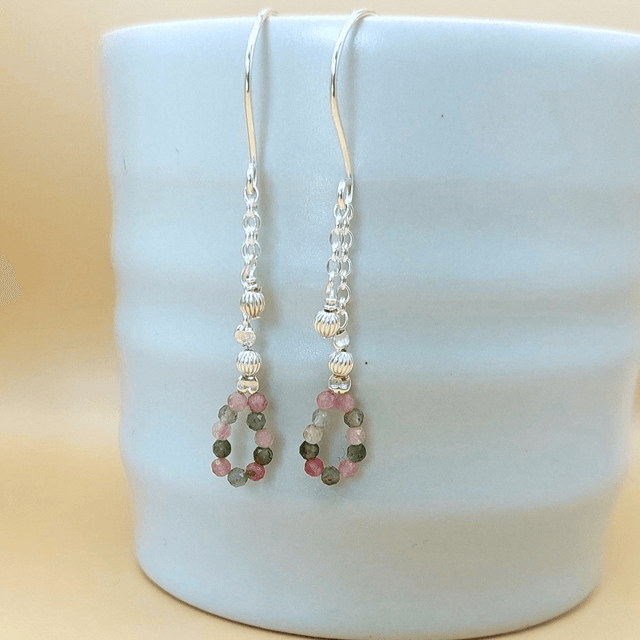 Teardrop sterling silver beaded drop earrings with tourmaline gemstone beads