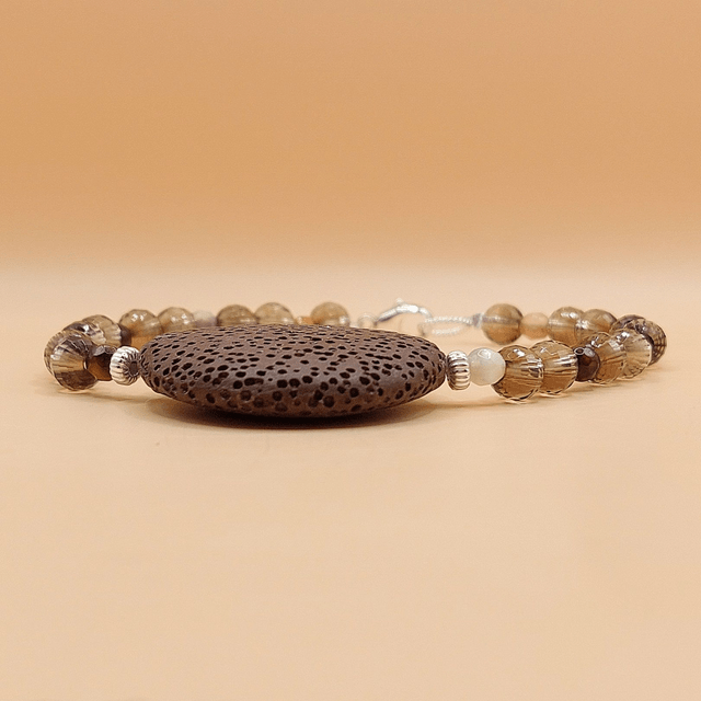 Lava (brown), smoky quartz, agate and sterling silver beaded bracelet
