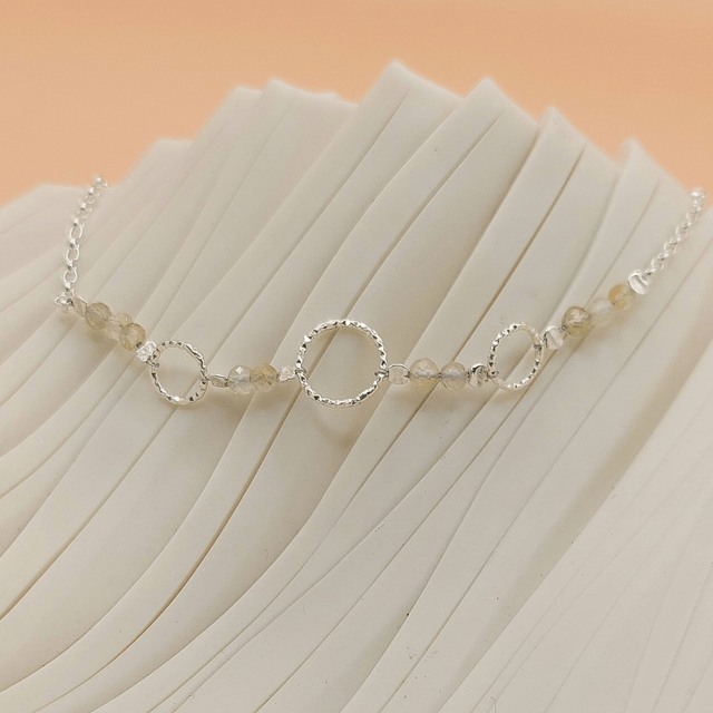 Sterling silver triple textured ring and rutilated quartz bead bracelet