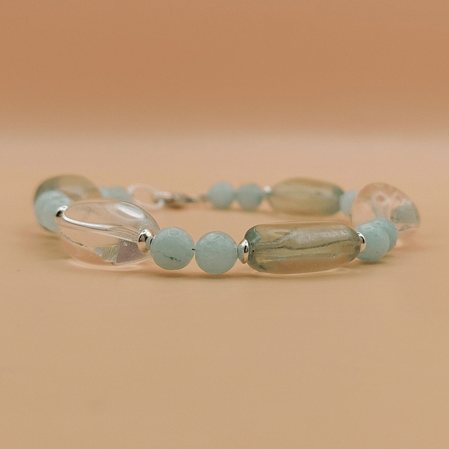 Green and clear bracelet with quartz, jade and sterling silver beads