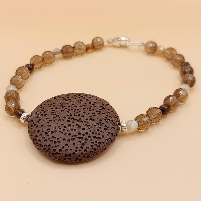 Lava (brown), smoky quartz, agate and sterling silver beaded bracelet