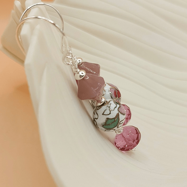 Vintage purple glass and white floral enamel beads sterling silver drop earrings