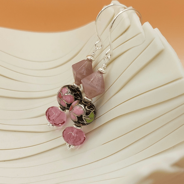 Vintage purple glass and black floral enamel beads sterling silver drop earrings