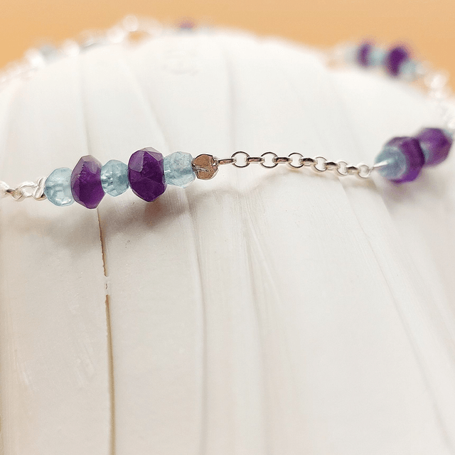 Sterling silver, amethyst and apatite beaded chain bracelet