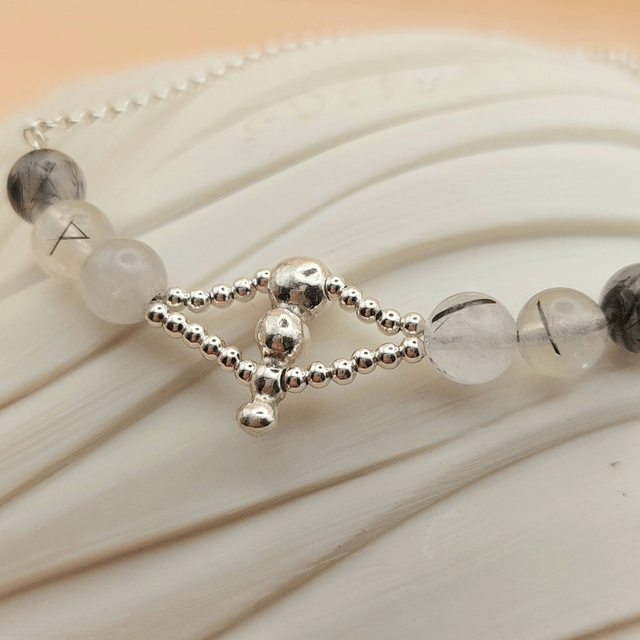 Sterling silver 3 ball silver accent with tourmalinated quartz bracelet