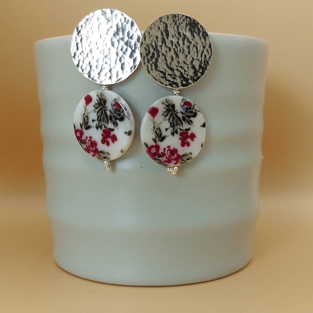 Hammered sterling silver and floral painted shell drop earrings