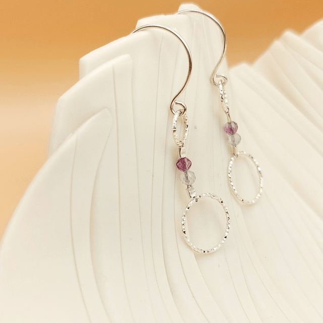 Sterling silver double diamond disc drop earrings with fluorite beads