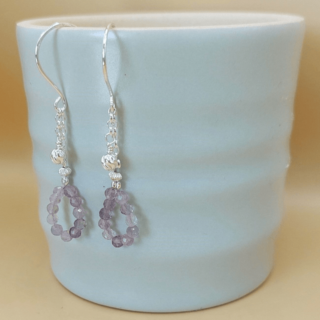 Teardrop sterling silver beaded drop earrings with fluorite gemstone beads
