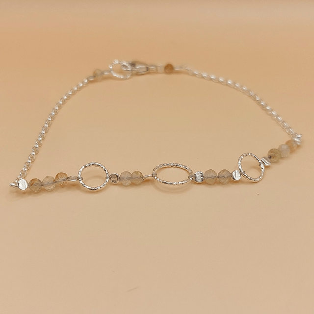 Sterling silver triple textured ring and rutilated quartz bead bracelet