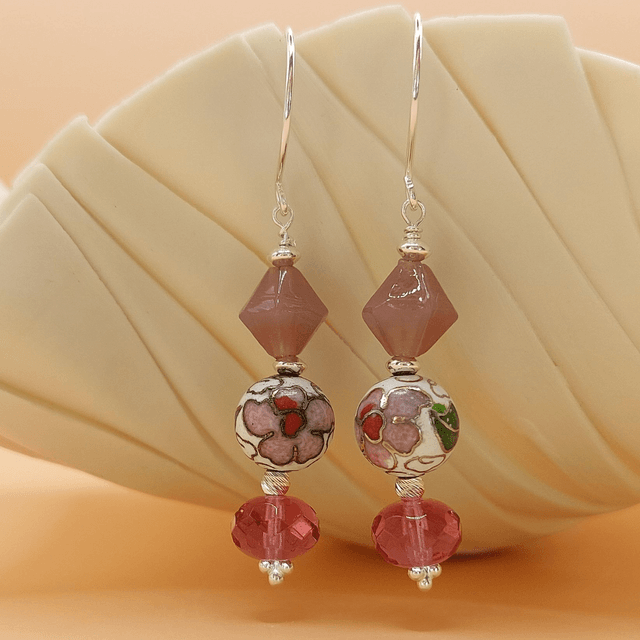 Vintage purple glass and white floral enamel beads sterling silver drop earrings