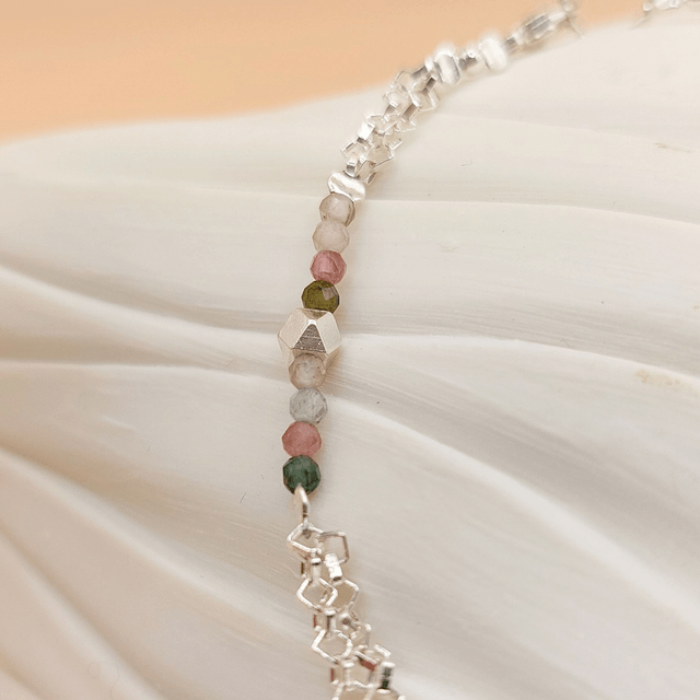 Sterling silver sparkly ring double chain bracelet with Tourmaline