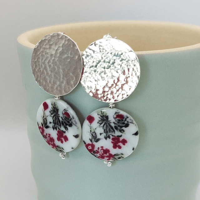 Hammered sterling silver and floral painted shell drop earrings