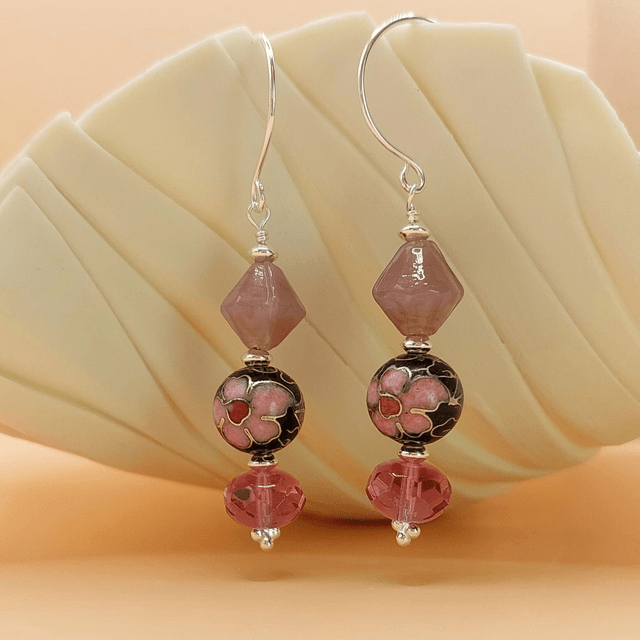 Vintage purple glass and black floral enamel beads sterling silver drop earrings