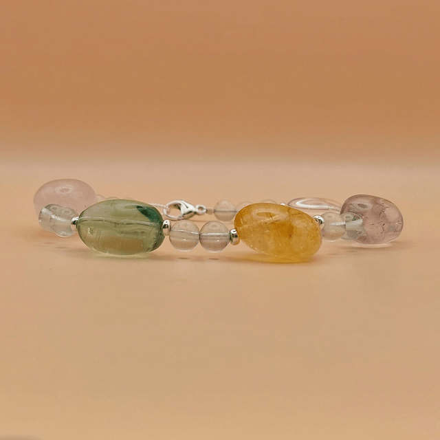 Multi coloured bracelet with quartz, tourmaline and sterling silver beads