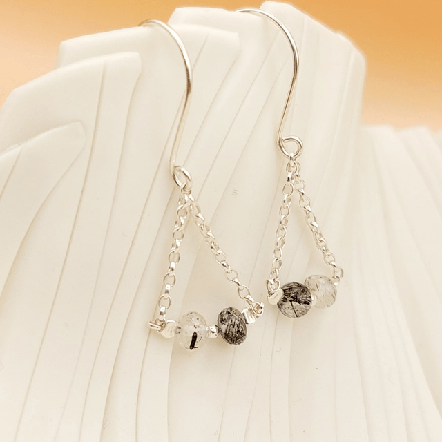 Sterling silver drop earrings with tourmalinated quartz gemstone beads