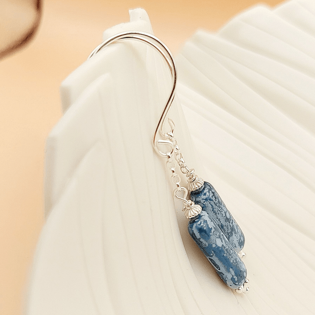 Sterling silver drop earrings with vintage blue marble glass beads