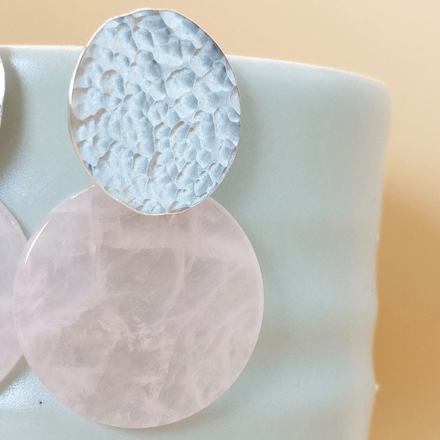 Sterling silver hammered disc and rose quartz earrings