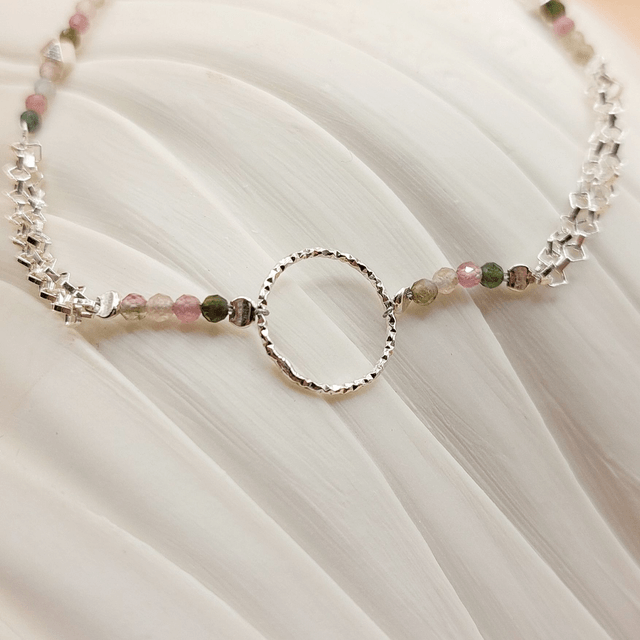 Sterling silver sparkly ring double chain bracelet with Tourmaline