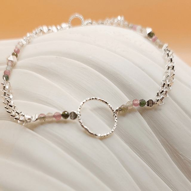 Sterling silver sparkly ring double chain bracelet with Tourmaline