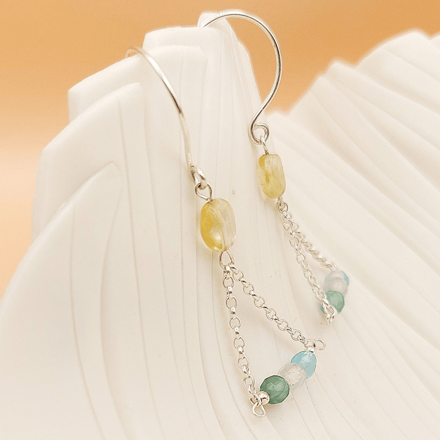 Sterling silver triangle drop earrings with citrine and agate beads