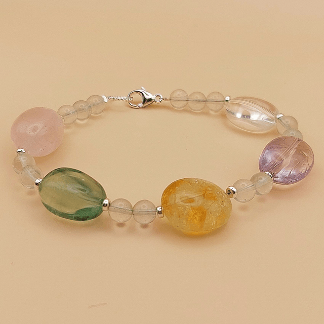 Multi coloured bracelet with quartz, tourmaline and sterling silver beads