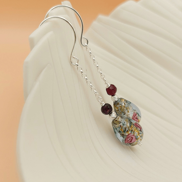 Preciosa blue floral glass bead sterling silver drop earrings with agate and sterling silver beads