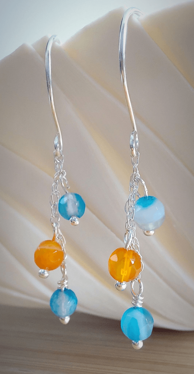 Sterling silver orange and blue agate drop earrings