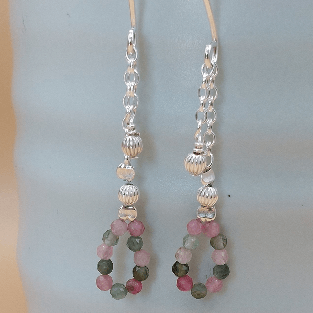 Teardrop sterling silver beaded drop earrings with tourmaline gemstone beads