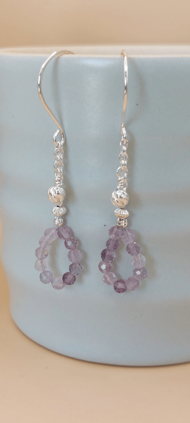 Teardrop sterling silver beaded drop earrings with fluorite gemstone beads