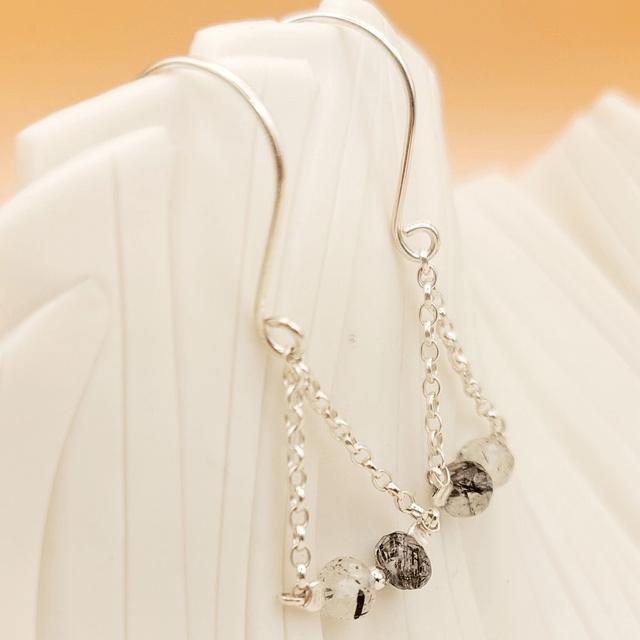 Sterling silver drop earrings with tourmalinated quartz gemstone beads