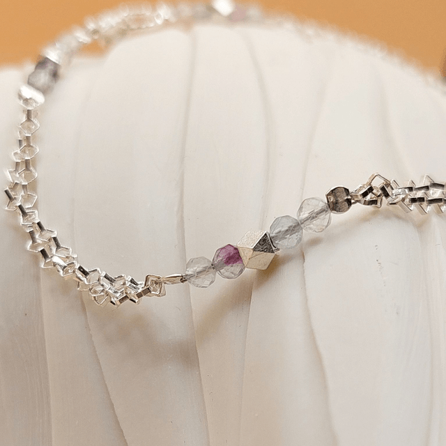 Sterling silver double chain bracelet with fluorite and sterling silver beads