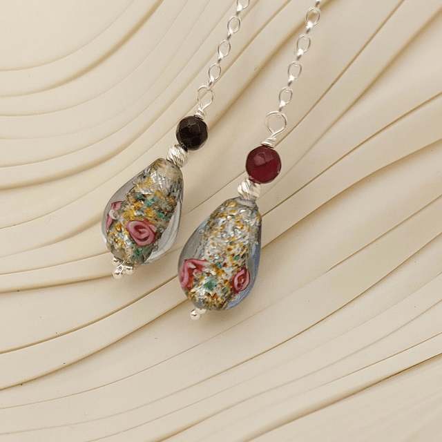 Preciosa blue floral glass bead sterling silver drop earrings with agate and sterling silver beads