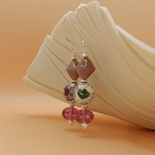 Vintage purple glass and white floral enamel beads sterling silver drop earrings