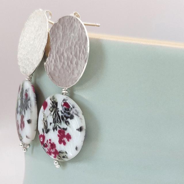 Hammered sterling silver and floral painted shell drop earrings