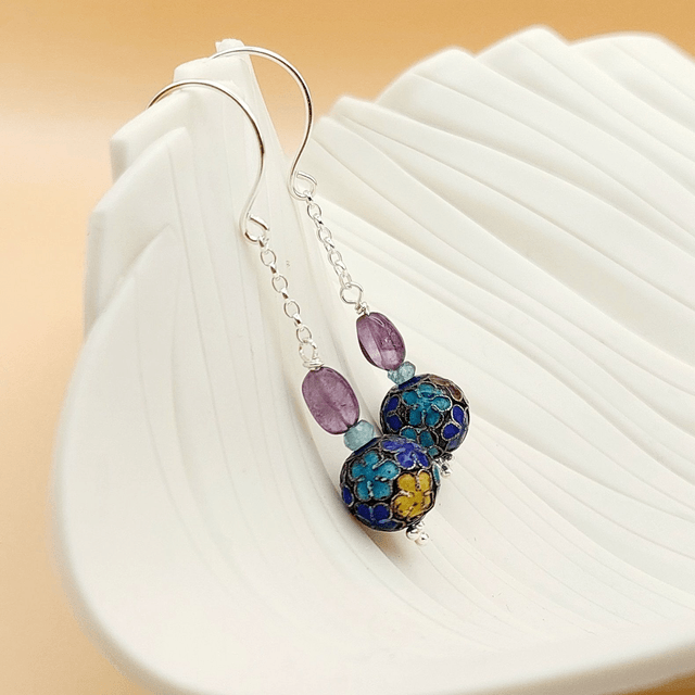 Sterling silver earrings with amethyst, Apatite and vintage enamel floral beads